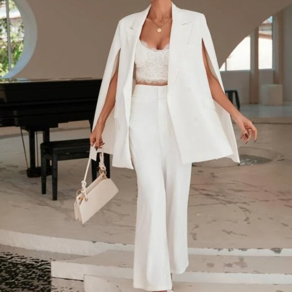 Classy Cape Cloak Sleeved Double Breasted Blazer work white - Picture 4 of 6